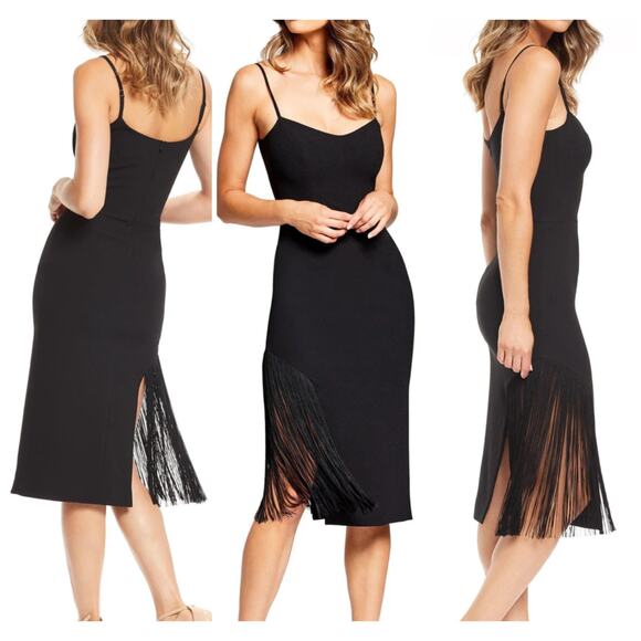 Dress The Population NWT Rory Fringe Bodycon Midi Dress Black Size XS Gatsby - Picture 1 of 12